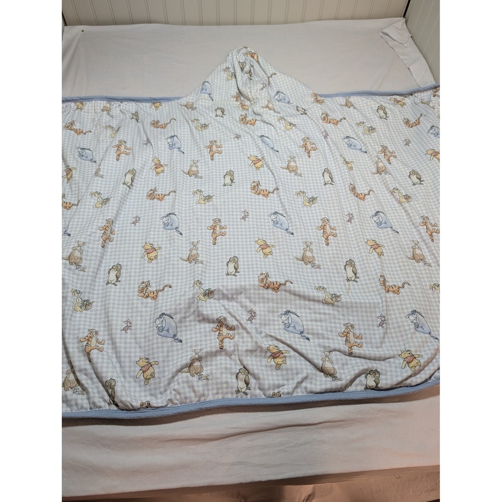 Disney Baby Winnie the Pooh Hooded Bath Towel Gingham Blue White Terry Cloth